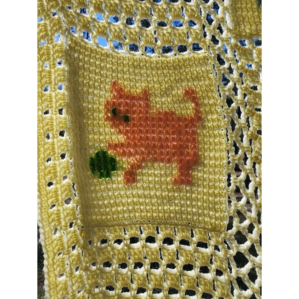 Vintage Handmade Crochet Baby Blanket Yellow Animal Cross Stitch Afghan Nursery